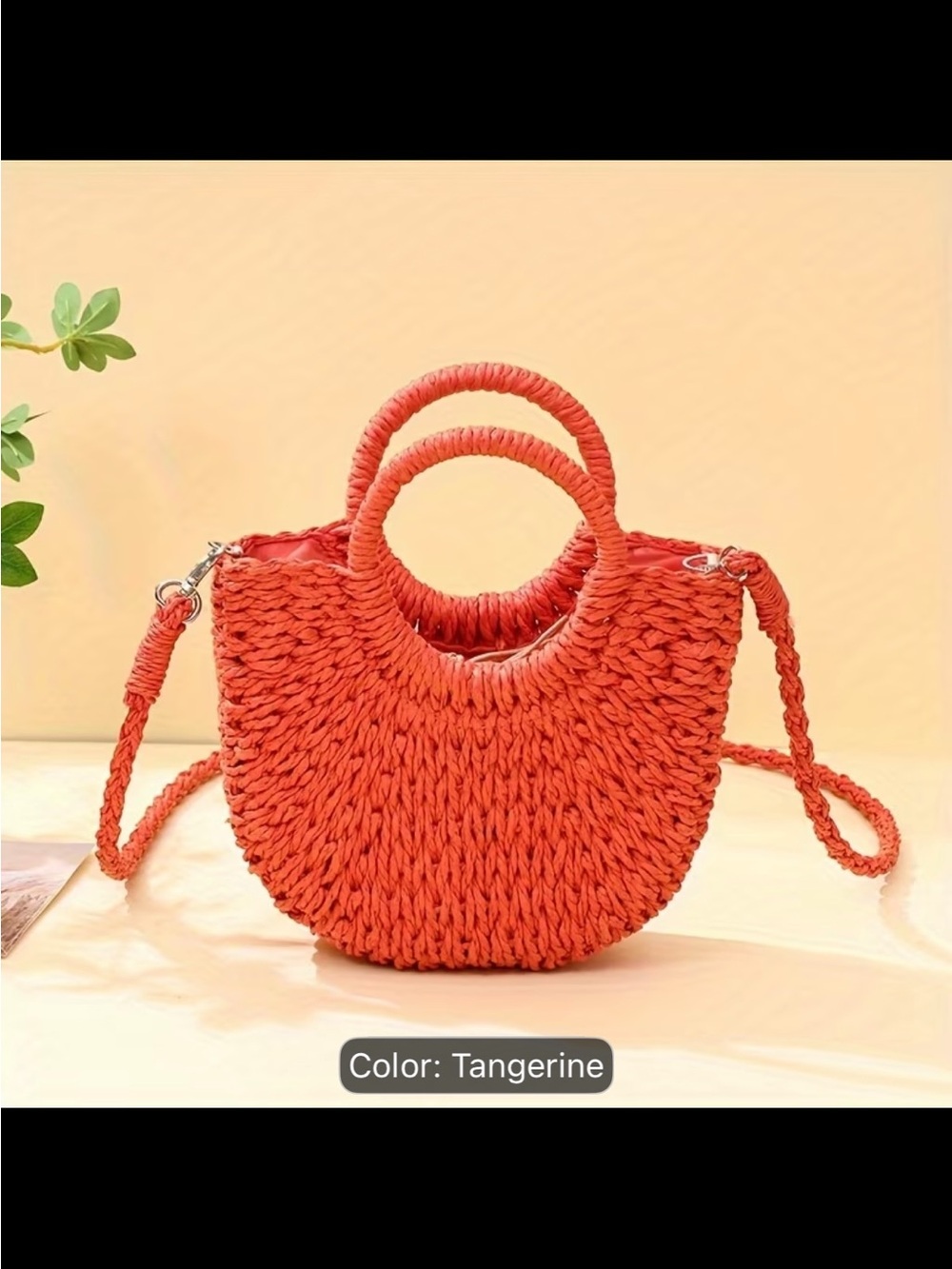 Tangerine Woven Round-Handle Crossbody Bag with Detachable Strap